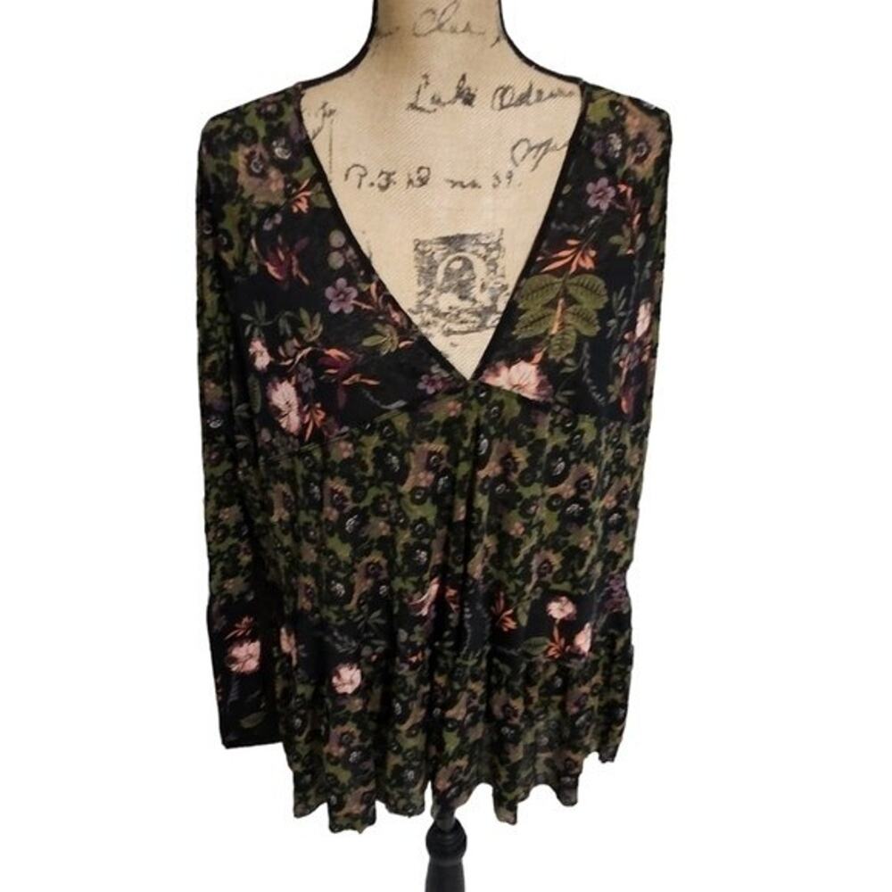 Free People Mixed Floral V-Neck Tunic Top Black Green Boho XS